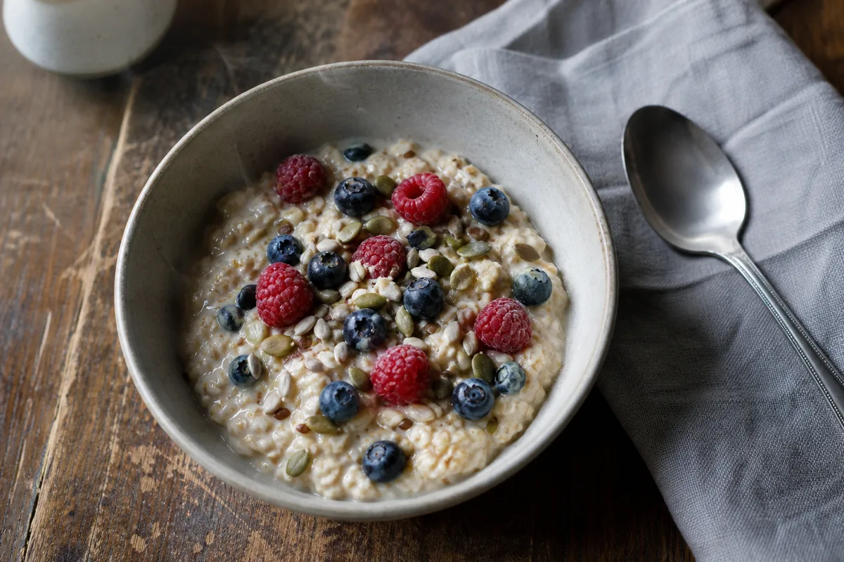 Porridge d’avoine crémeux dans un bol, garni de fruits rouges et de graines, cuillère posée à côté sur un torchon en lin, vue de dessus