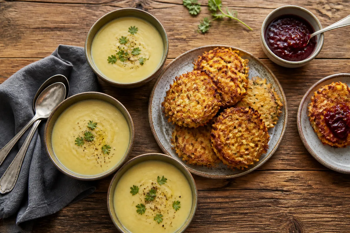 Assortiment de petits bols avec soupe epaissie, galettes de legumes dorees et confiture de fruits rouges, vue de dessus sur table en bois