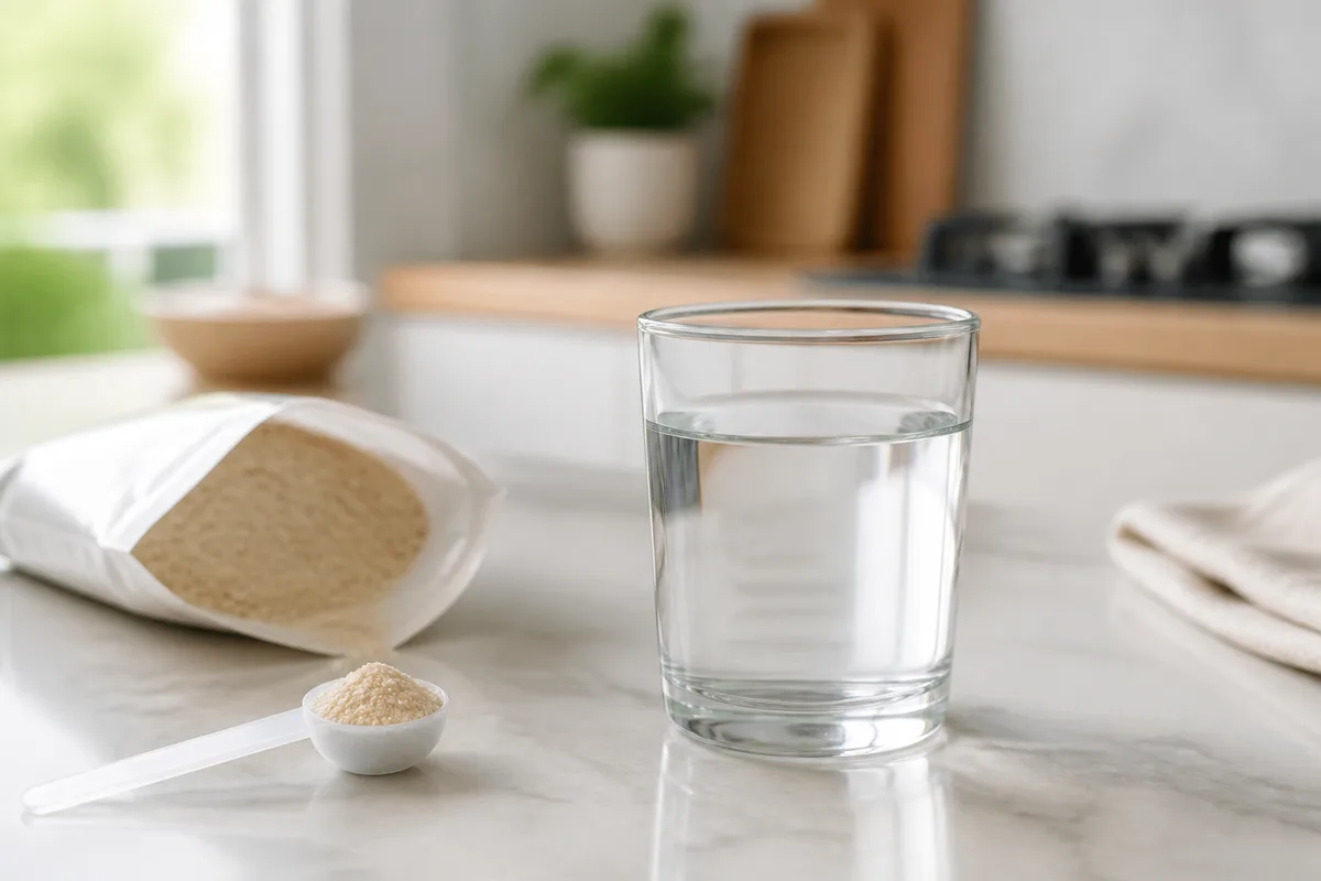 Verre d eau claire pose pres d un sachet ouvert de psyllium et d une cuillere doseuse, comptoir de cuisine lumineux, mise au point sur le verre