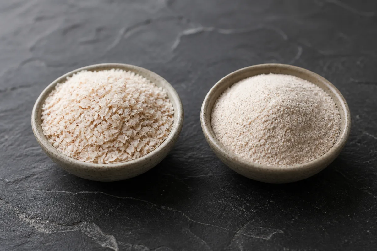 Deux coupelles cote a cote, l une avec des teguments de psyllium entiers en paillettes claires, l autre avec de la poudre fine, sur ardoise sombre