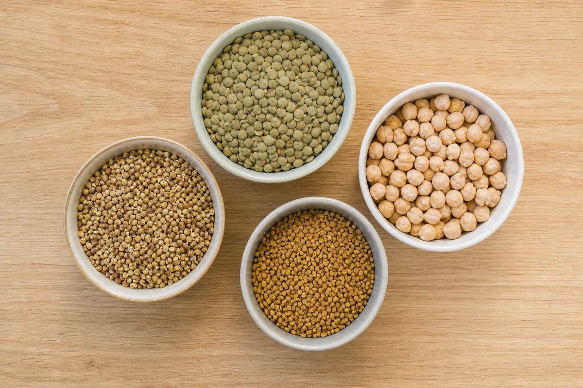 Assortiment de bols avec différentes graines sèches, lentilles, pois chiches et graines de luzerne, avant trempage, sur une table en bois