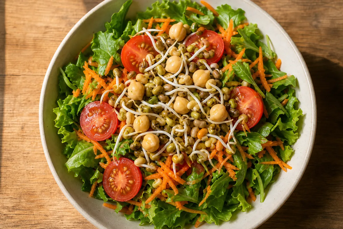 Salade composée garnie de germes de lentilles et de pois chiches, avec des légumes colorés, vue de dessus sur une table de cuisine
