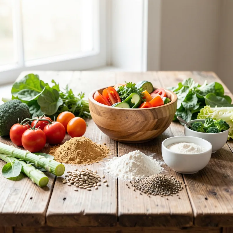 Table garnie de plats sains, pain sans gluten, lait végétal et légumes frais